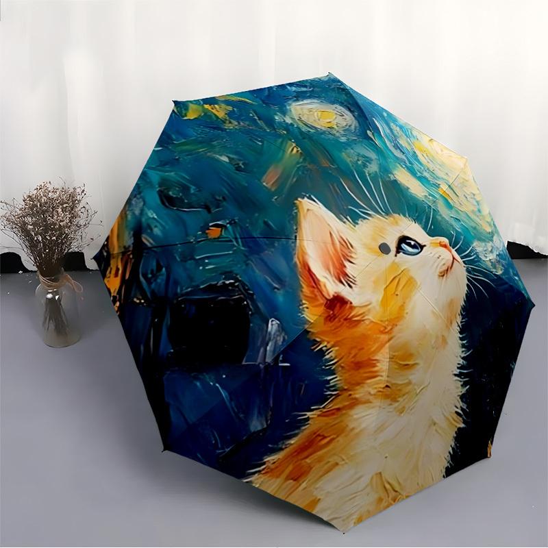 1pc "Cat Night" Auto Open/Close Leisure Umbrella, Portable Folding Umbrella for Travel, Themed Events, It Is Suitable As a Gift for Various Festivals,
