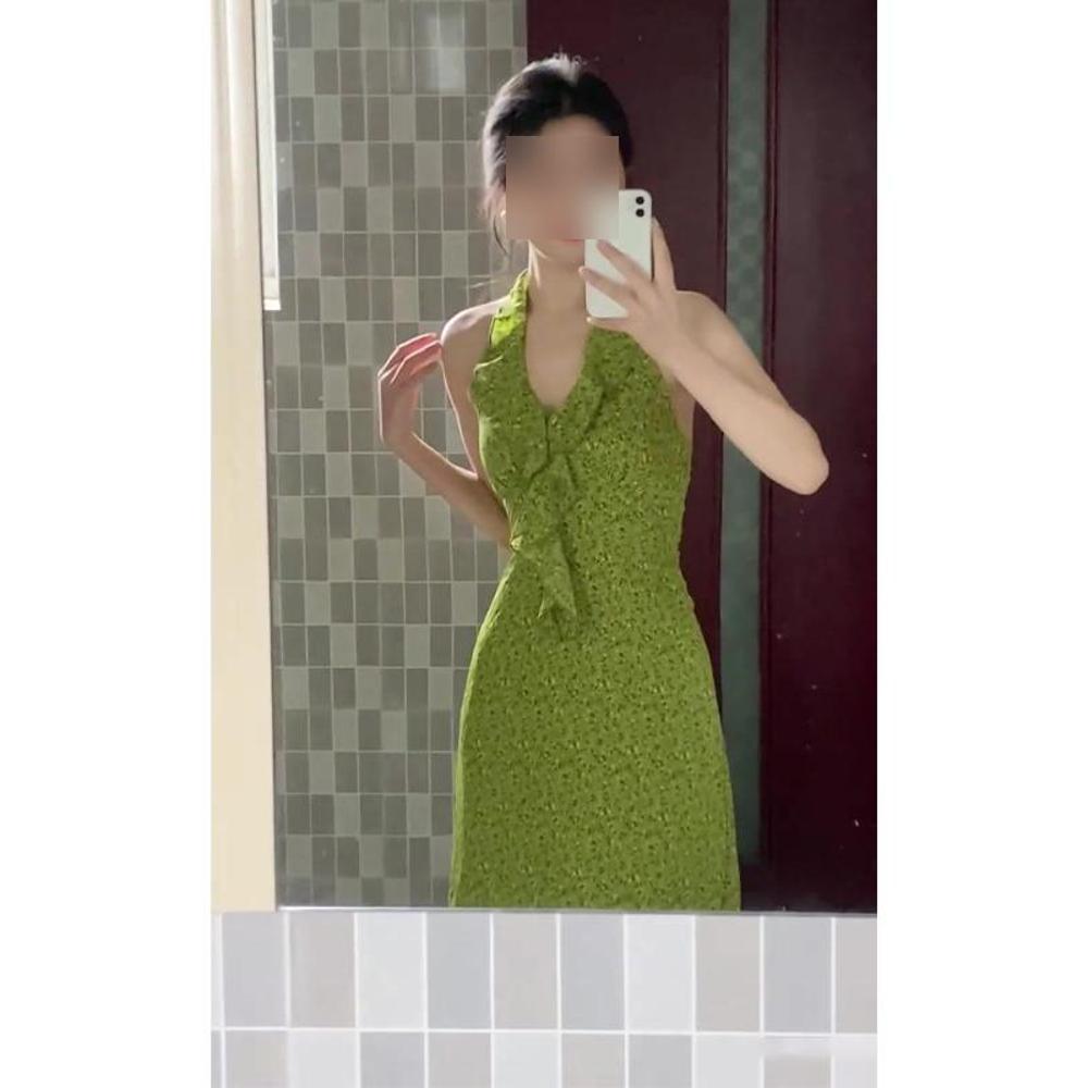 French green v-neck ruffle leaf edge floral neck dress, gentle temperament, waist-wrapped hip-split long dress