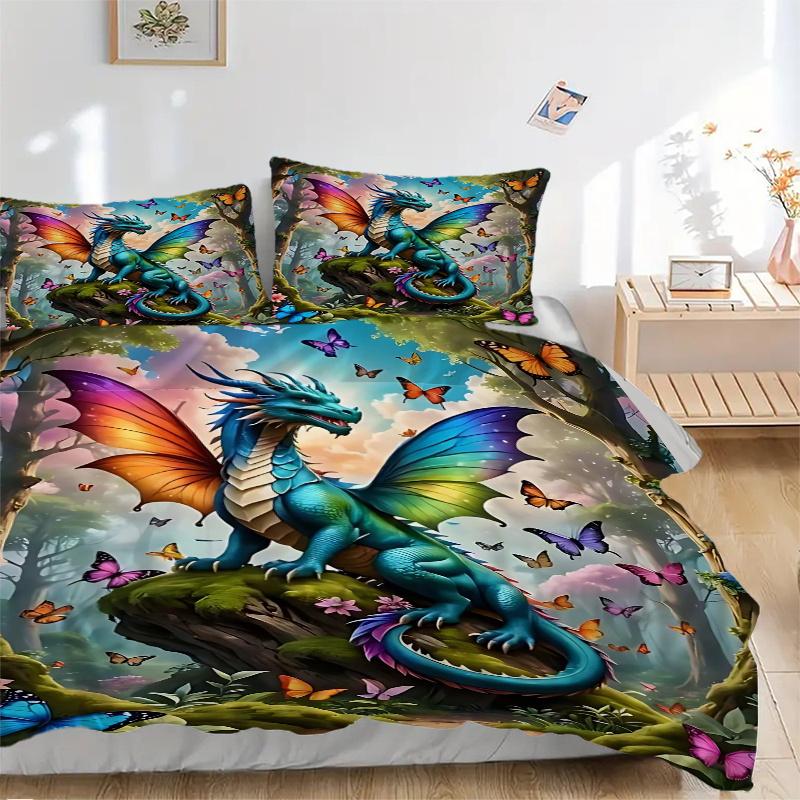 3pcs Butterflies and Dragons Bedding Set, Includes 1 Quilt Cover and 2 Pillowcases, Comfortable Bedding with Stylish Design for Bedroom
