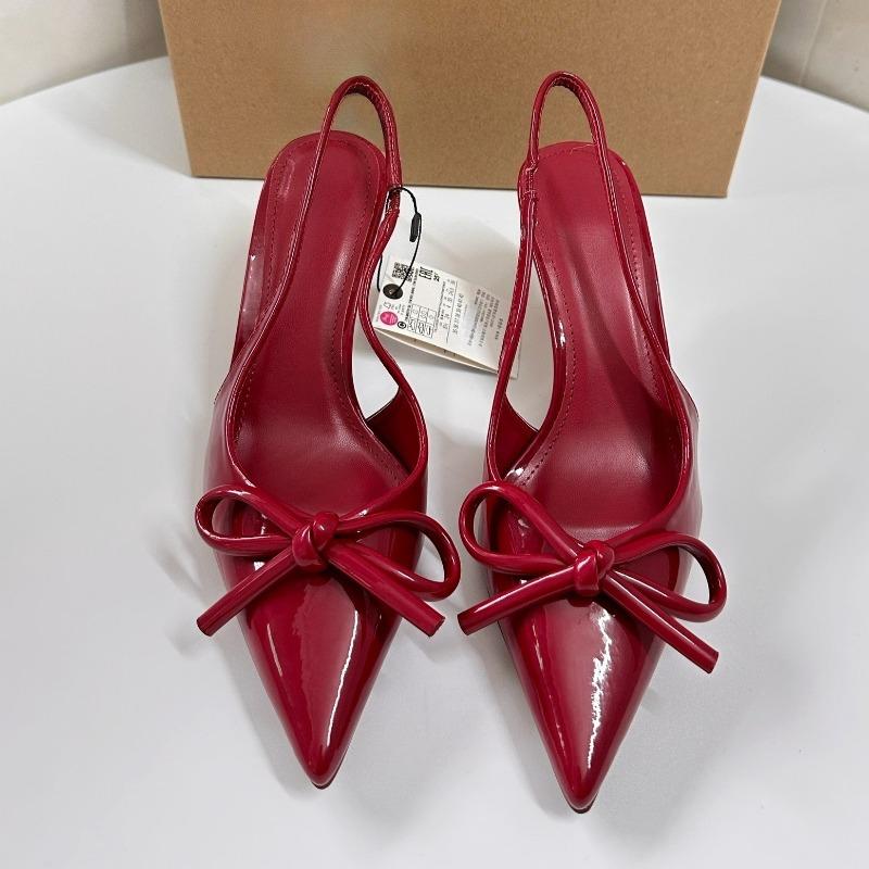 Elegant Butterfly-knot Women High Heels Shoes Pointed Toe Wedding Party Prom Slingbacks Patent Leather Female Dress Pumps