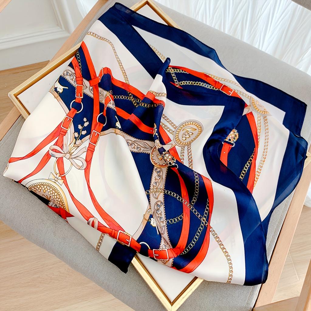 Eșarfă Pătrată Portocalie Albastru Marin Imprimată Șal Subțire Respirabil Protecție Solară Casual Outdoor Rezistentă la Vânt Bandană de Cap Pentru Femei