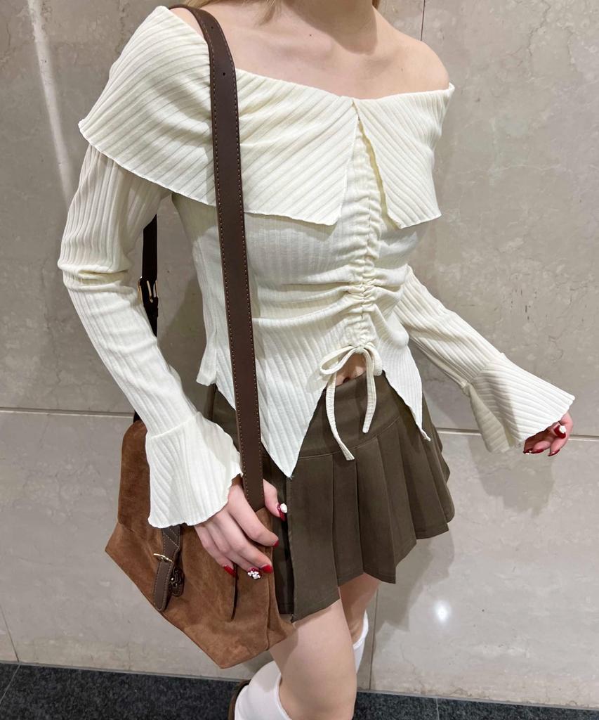 WEGO PHILLY Långärmad Flickig Vardaglig Koreansk Perfekt Gåva för och Storlek Snörning Off-Shoulder Topp, T-shirt, Vår/Sommar Outfit, Stil, Vår,