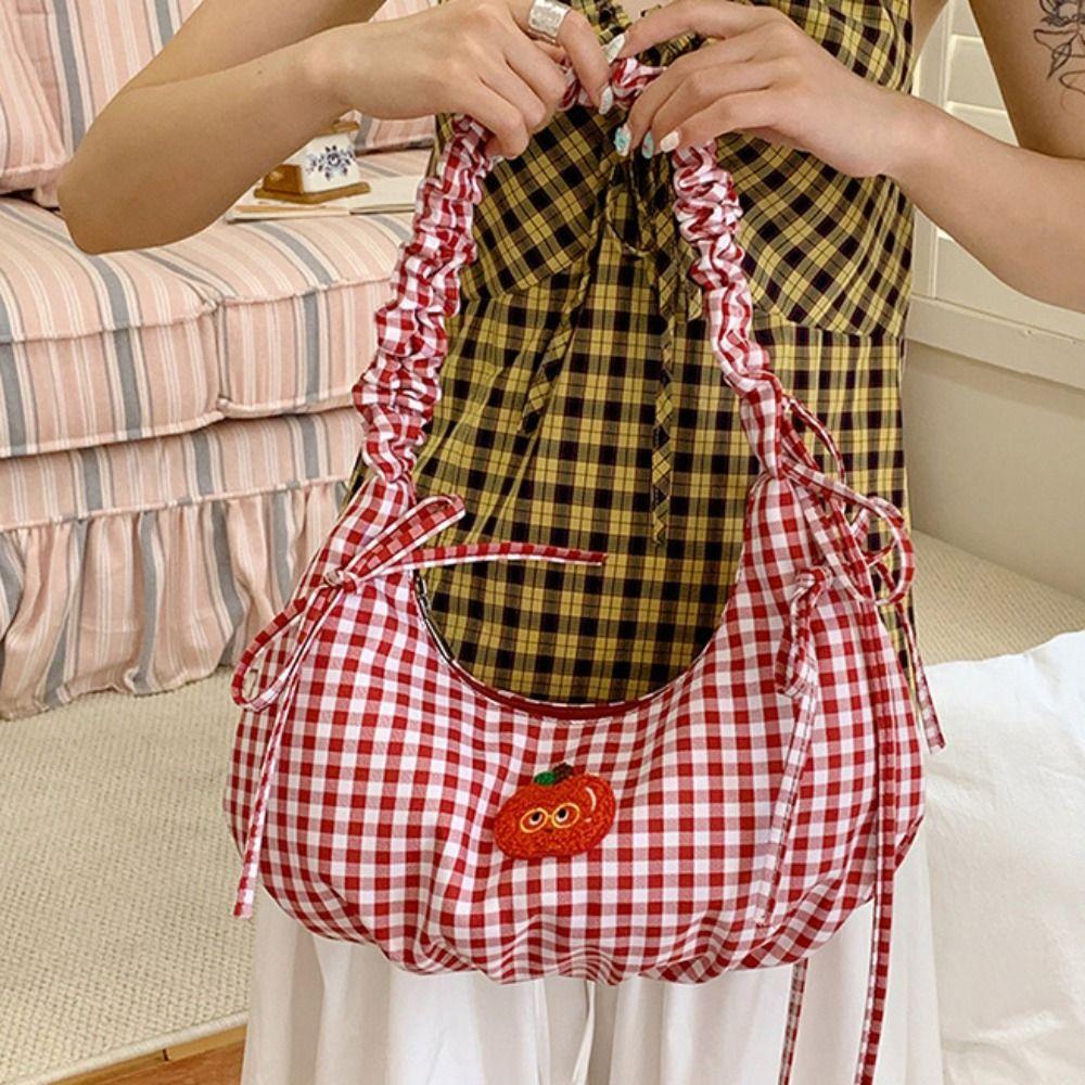 Fresh Color Plaid Dumpling Bag Korean Style Pleated Shoulder Bag Casual Bowknot Tote Bag Students
