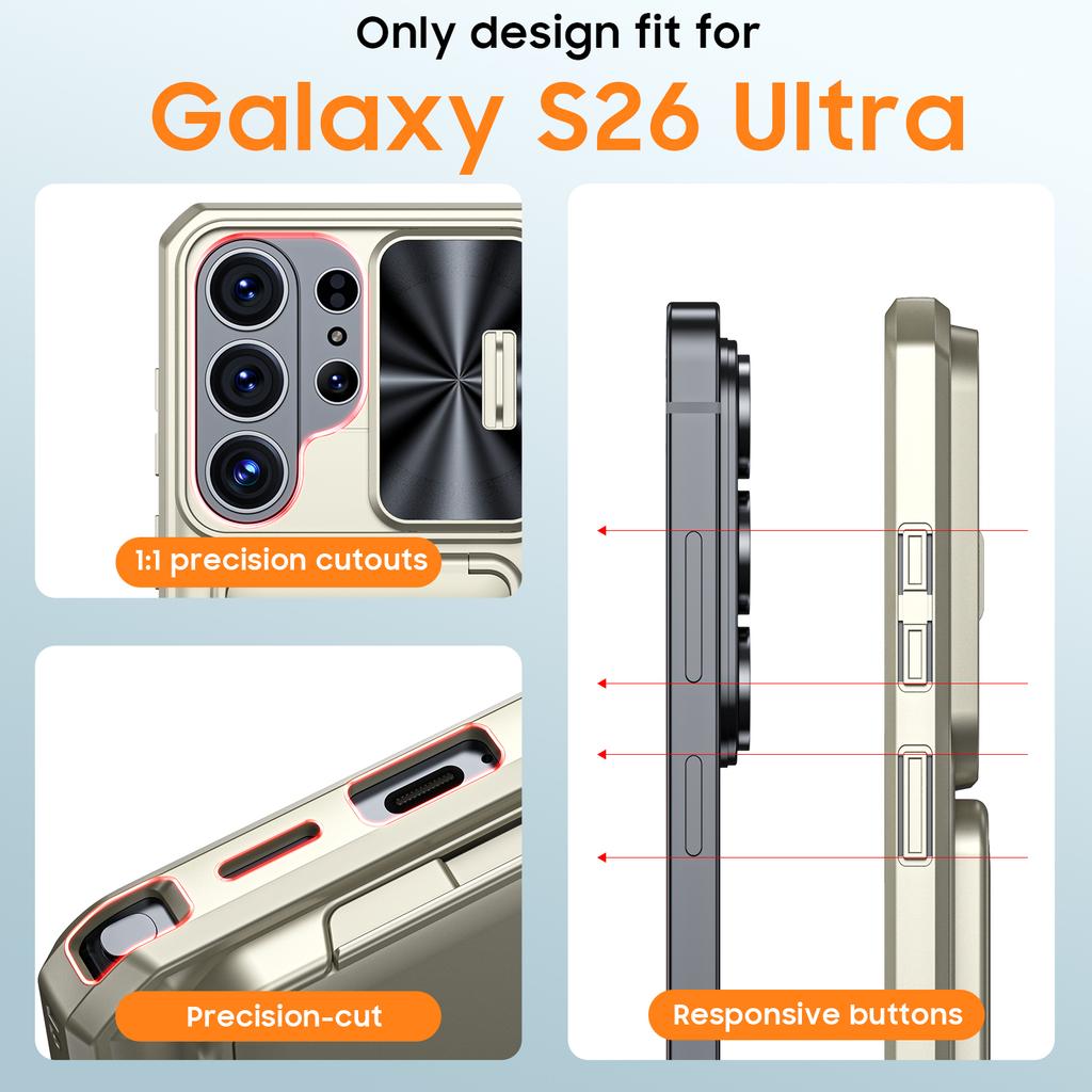 With Card Holder Sliding Camera Cover And Stand For Samsung Galaxy S26 Ultra Phone Case, Anti-Fall PC+TPU Wallet Case-Champagne
