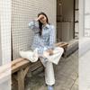 Blue plaid single-breasted Polo collar long-sleeved shirt women's early autumn new pocket design loose top