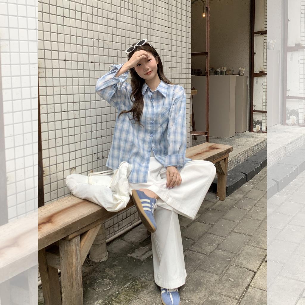 Blue plaid single-breasted Polo collar long-sleeved shirt women's early autumn new pocket design loose top