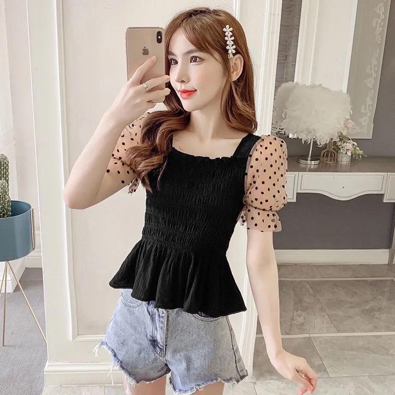 Women's Chic Summer Mesh Square Neck Top - Waist-Cinched, Slimming, Short-Sleeved Cropped Shirt