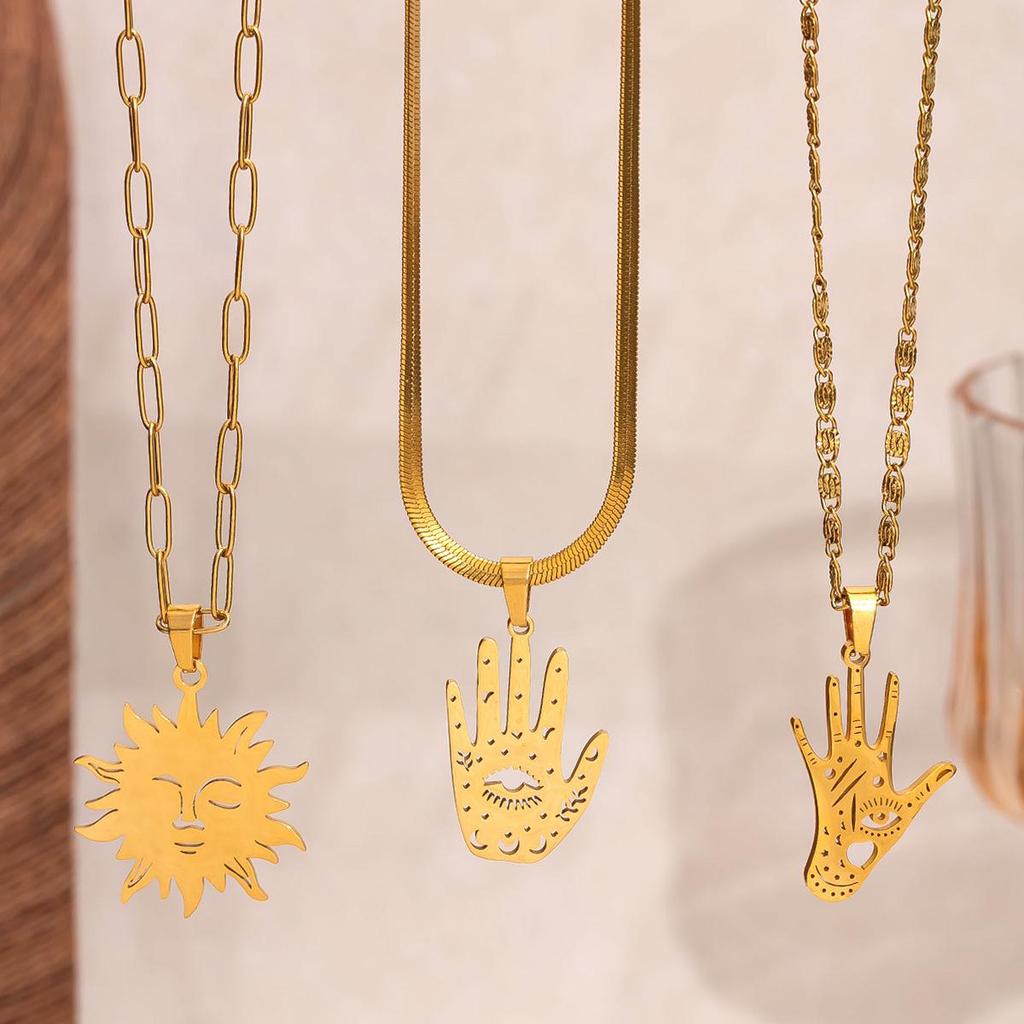 Minimalist Sun Palm Pendant Necklace for Women - Stainless Steel Clavicle Chain