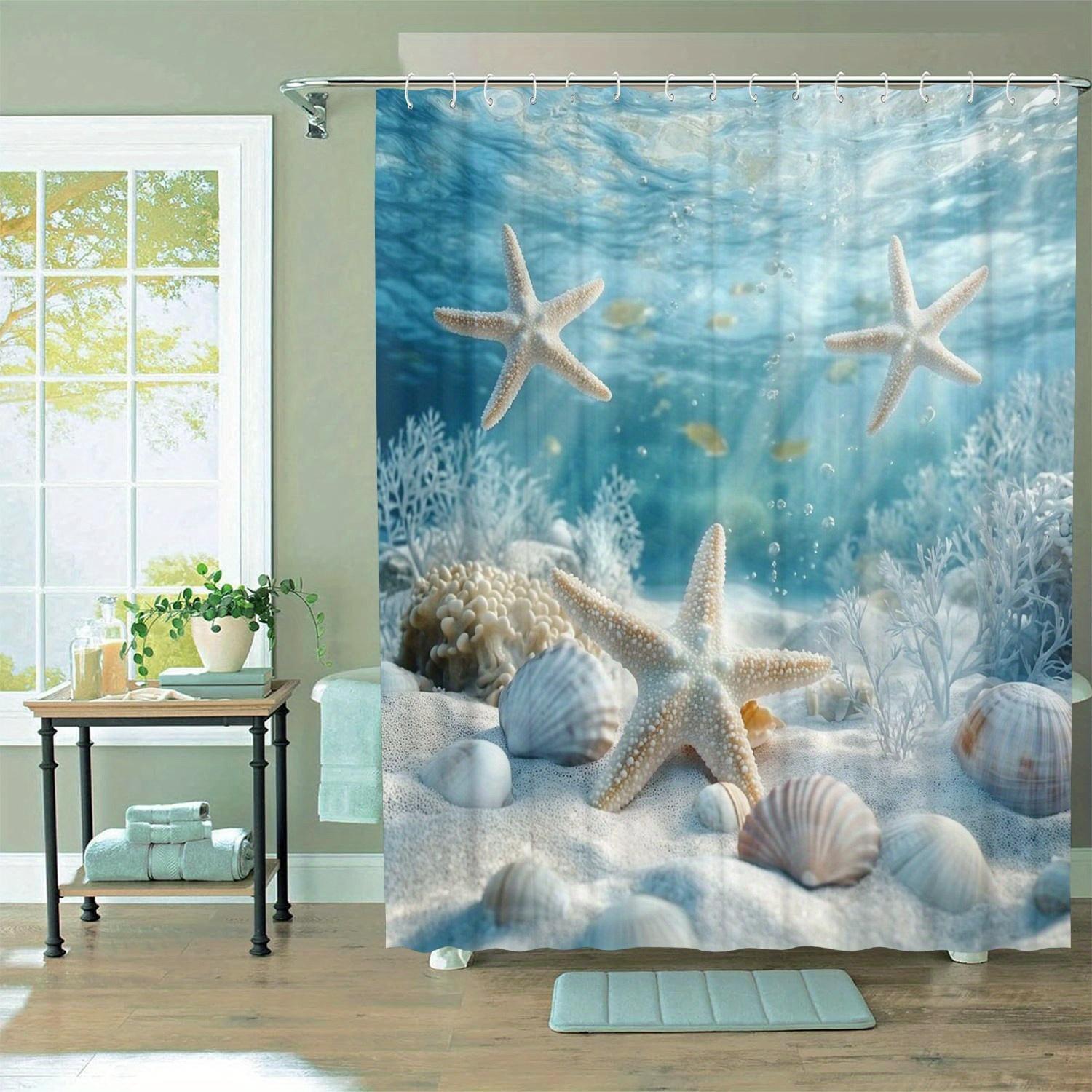 

Water-Resistant Non-Woven Shower Curtain With Starfish Oceanic Design, 12 Hooks Included, Machine Washable Decorative Bathroom W60H190(CM)-1 Pcs