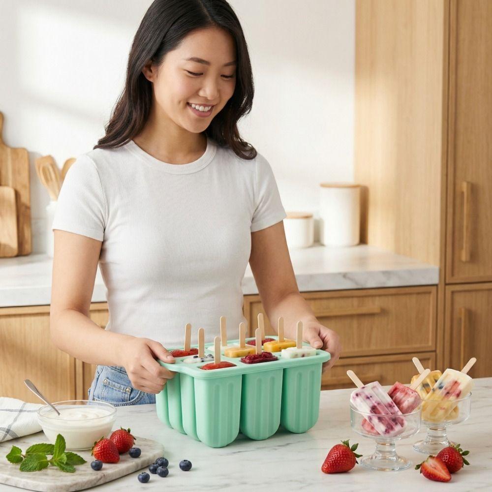 12 Grids Silicone Ice Cream Molds Non-Stick with Lid Ice Cream Trays Reusable DIY Ice Lolly Mold Homemade Ice Cream