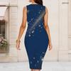 Women Plus Size Round Neck Sleeveless Navy Blue Printed Bodycon Midi Dress