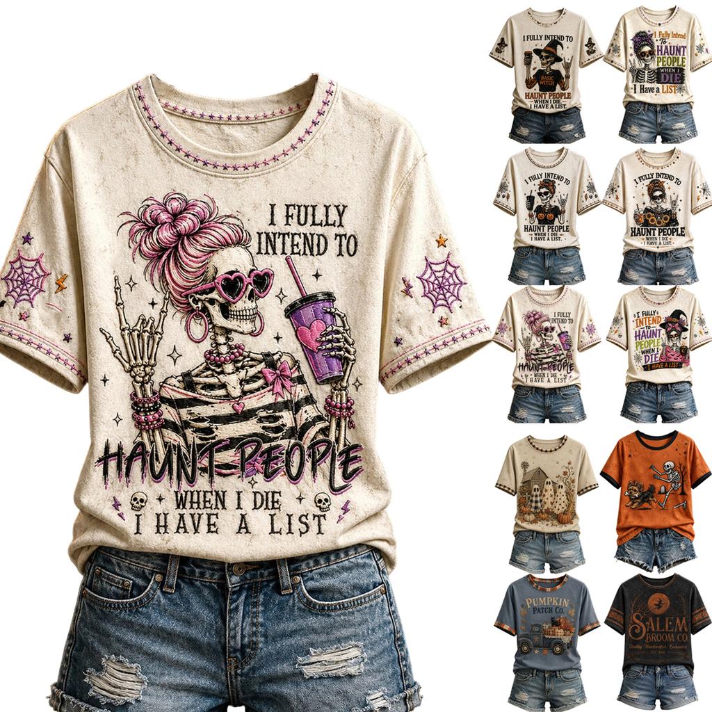 Women's Fashion Casual Short Sleeve Halloween Print T-Shirt Top