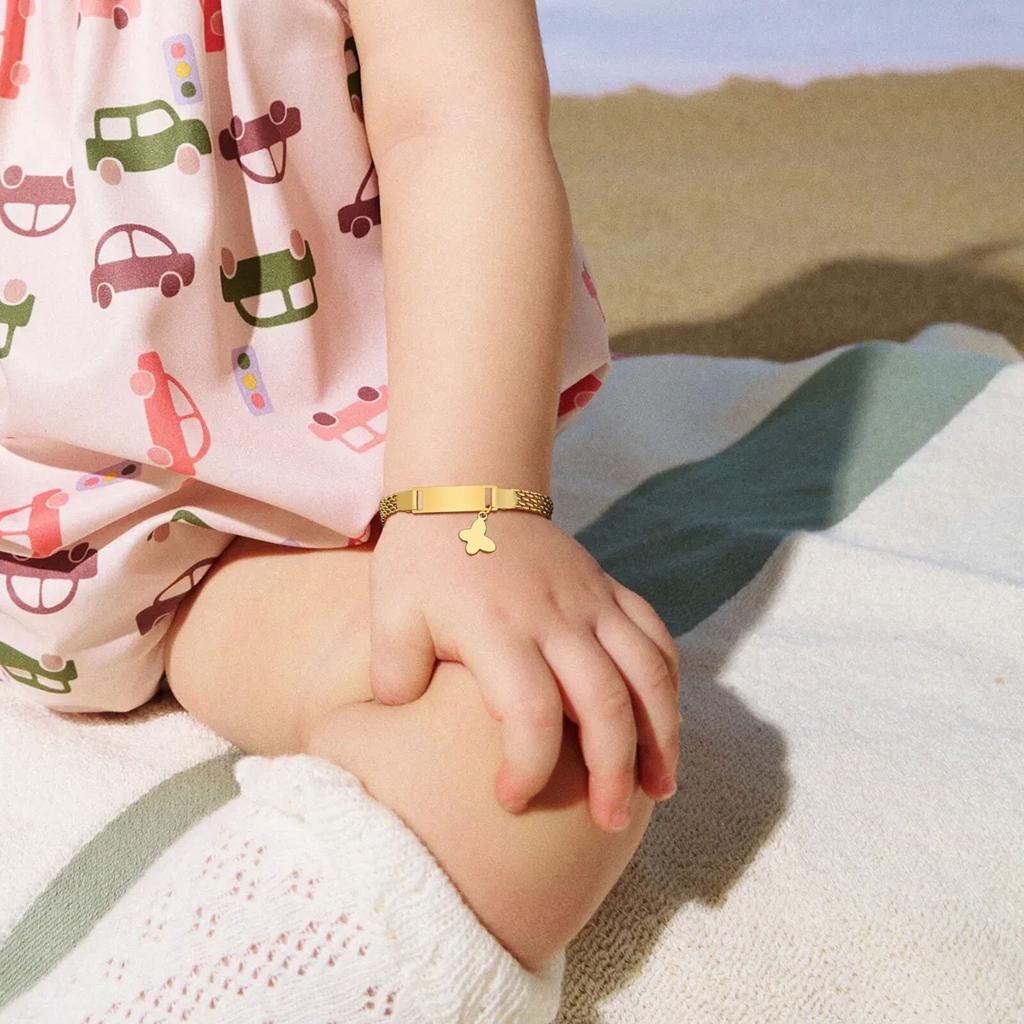 Vnox Engraved Bracelets For Children Baby,Stainless Steel Curved Nameplate Free Customized,Fashion Jewelry Butterfly Accessory
