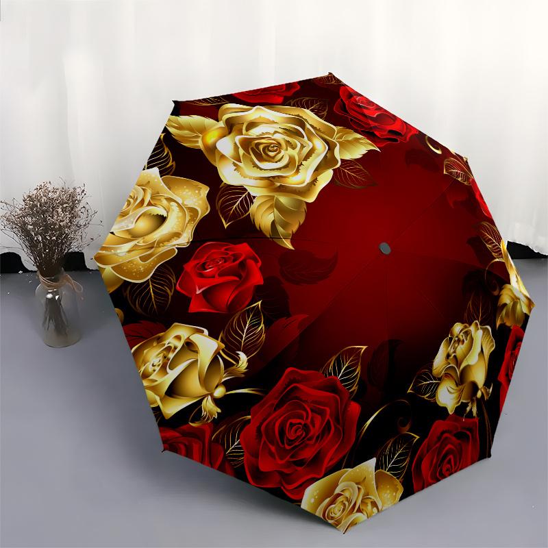 Golden Rose Luxury Floral Pattern Circle DesignUmbrella, Portable 3-Fold Compact Umbrella for Men and Women, Valentine's Day M