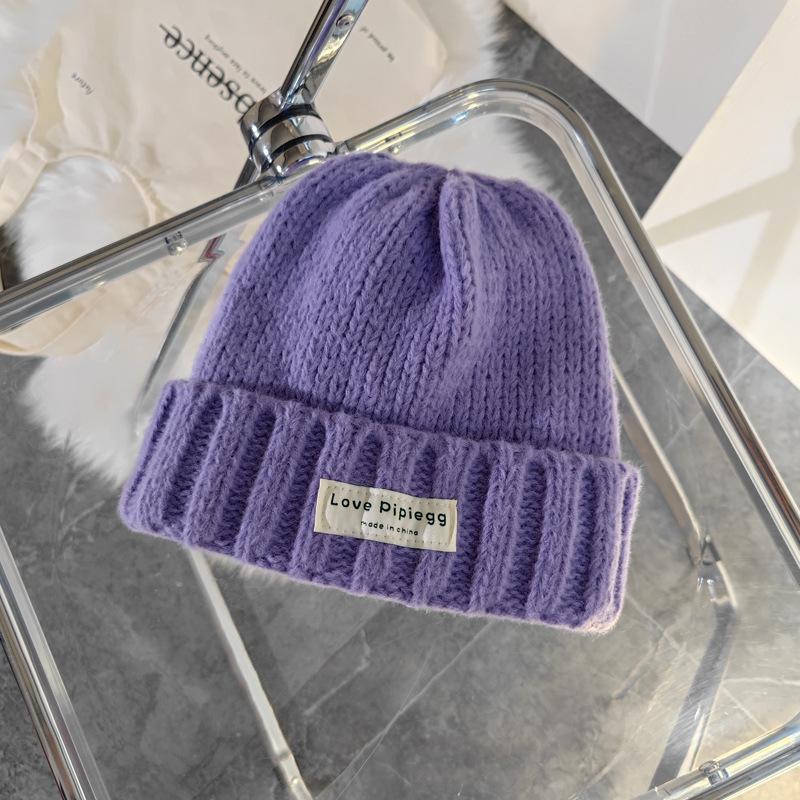 Hat women's winter wool hat big head circumference dome thread hat warm versatile purple thick thread loose knitted hat tide