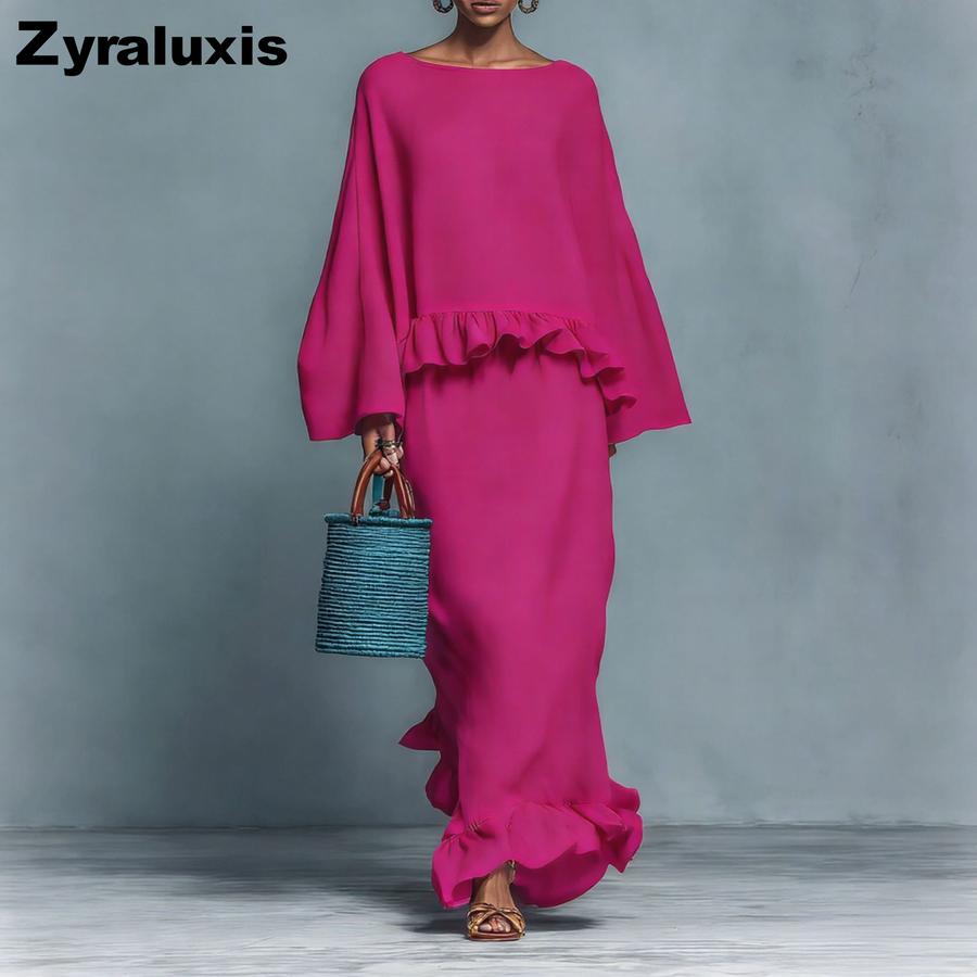 New Women's Long Sleeve Irregular Half-Length Skirt Casual Fashion Solid Color Set