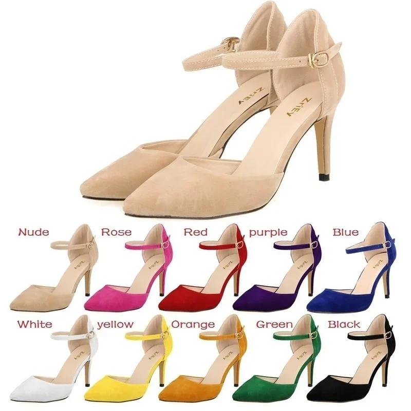 Women Sandals Summer High Heels Classic Elegant Pumps Fashion Red Heeled Woman Ankle Straps Office Party Wedding Shoes Big Size