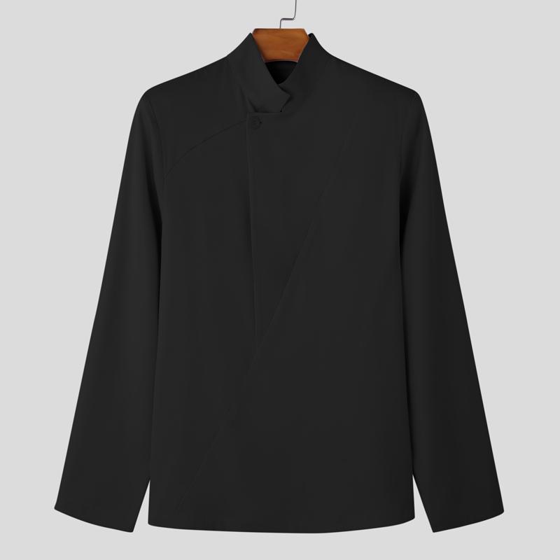 

INCERUN Мужские весенние рубашки с воротником-стойкой и длинным рукавом на одной пуговице 4XL чёрный