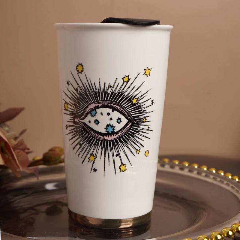 

380 мл белые двухслойные художественные керамические чашки и кружки с глазами и крышкой кофейная кружка 380ml белый