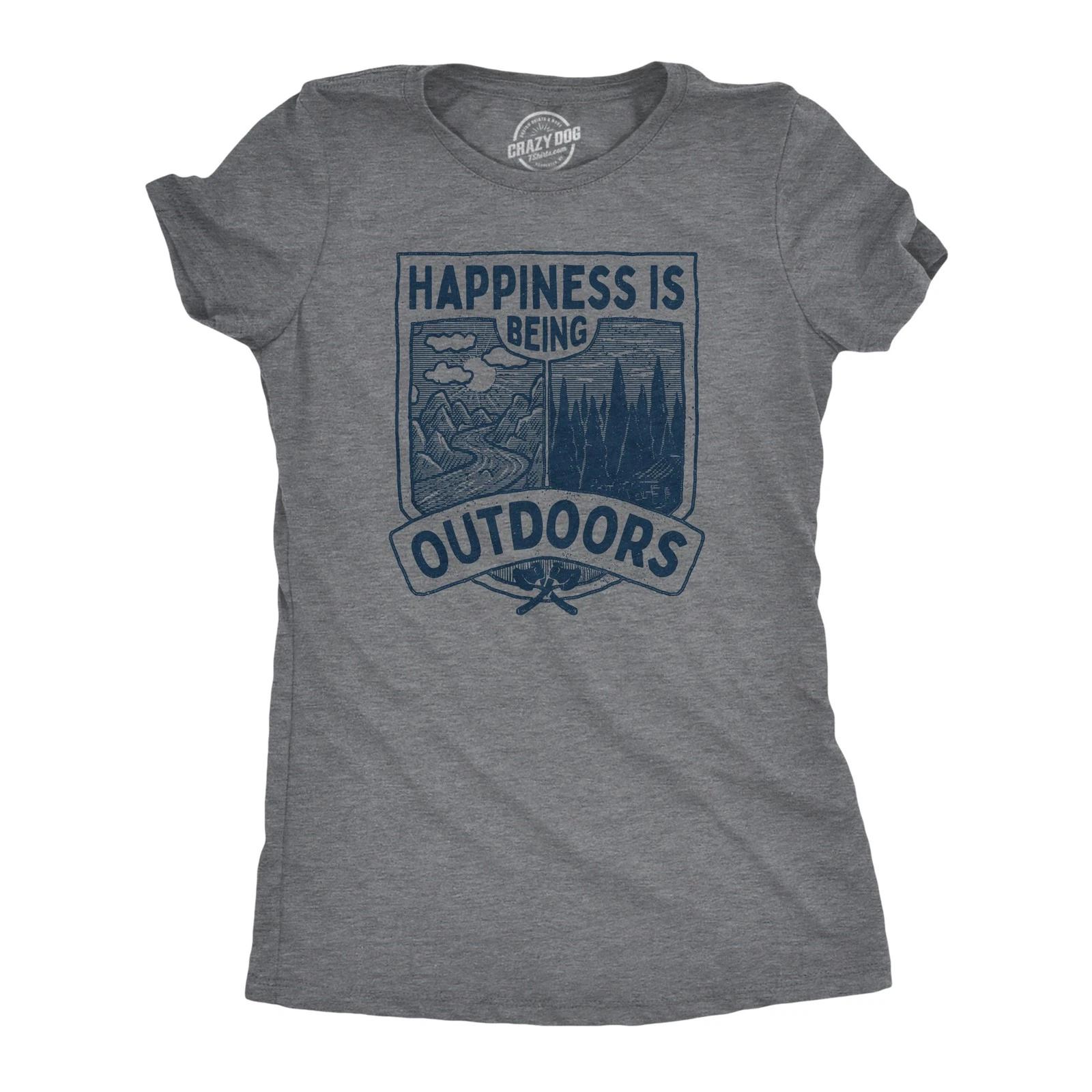 Womens Hapiness Is Being Outdoors T Shirt Funny Cool Nature Hiking Camping L