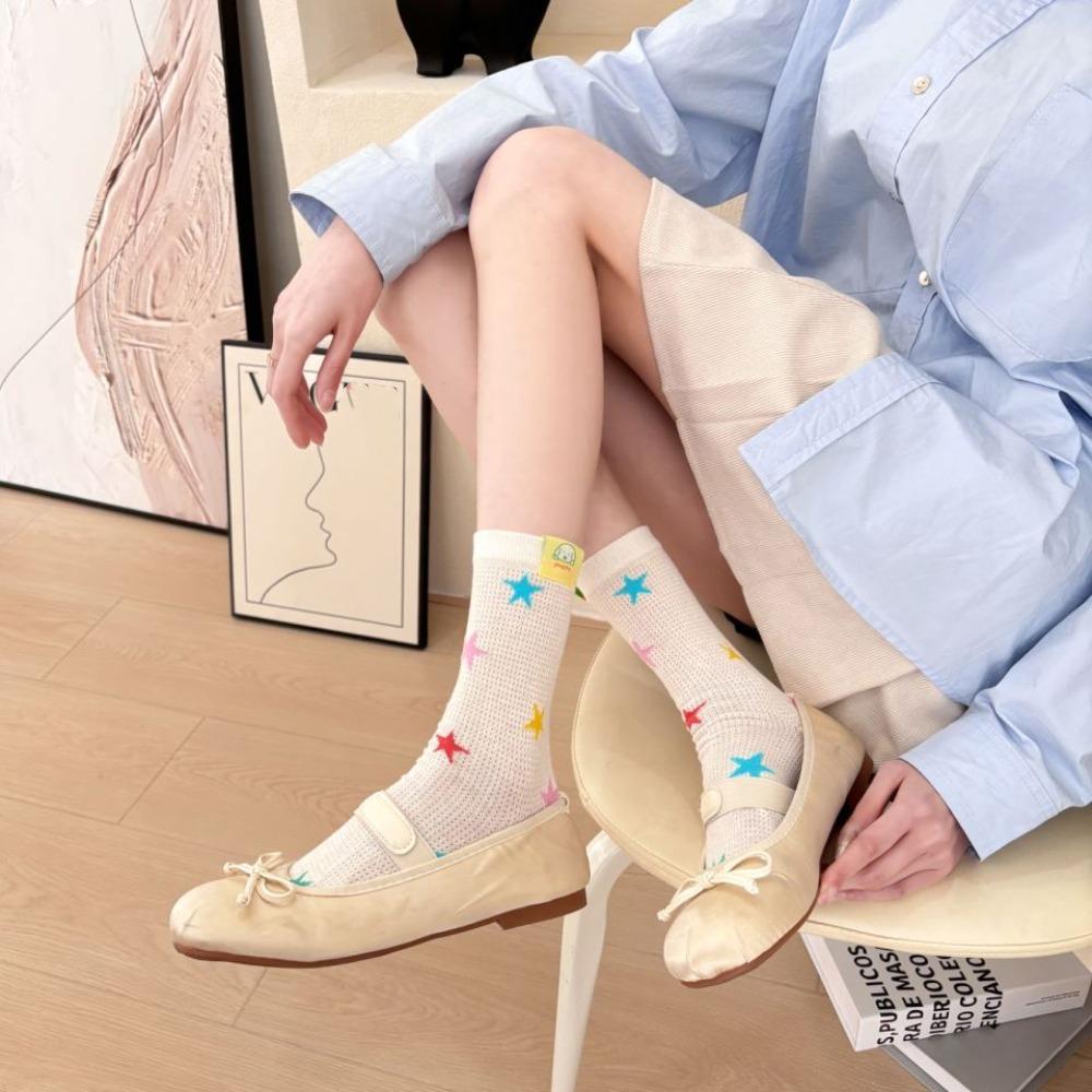 

Ультратонкие цветные сетчатые ажурные носки средней длины Y2k, милые сетчатые носки со звездами для девочек