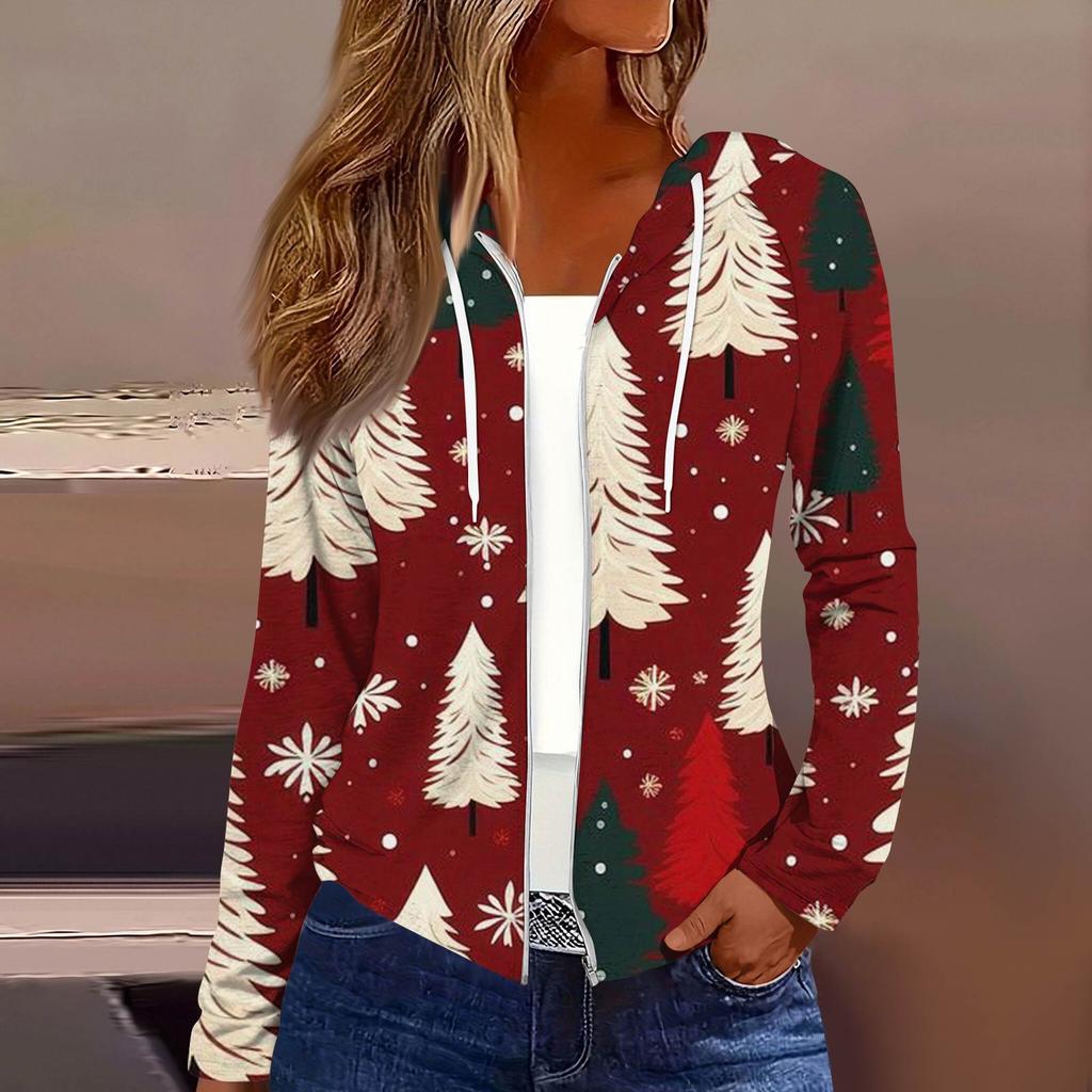 Dame Mote Juleprint Casual Glidelås Langermet Hettejakke