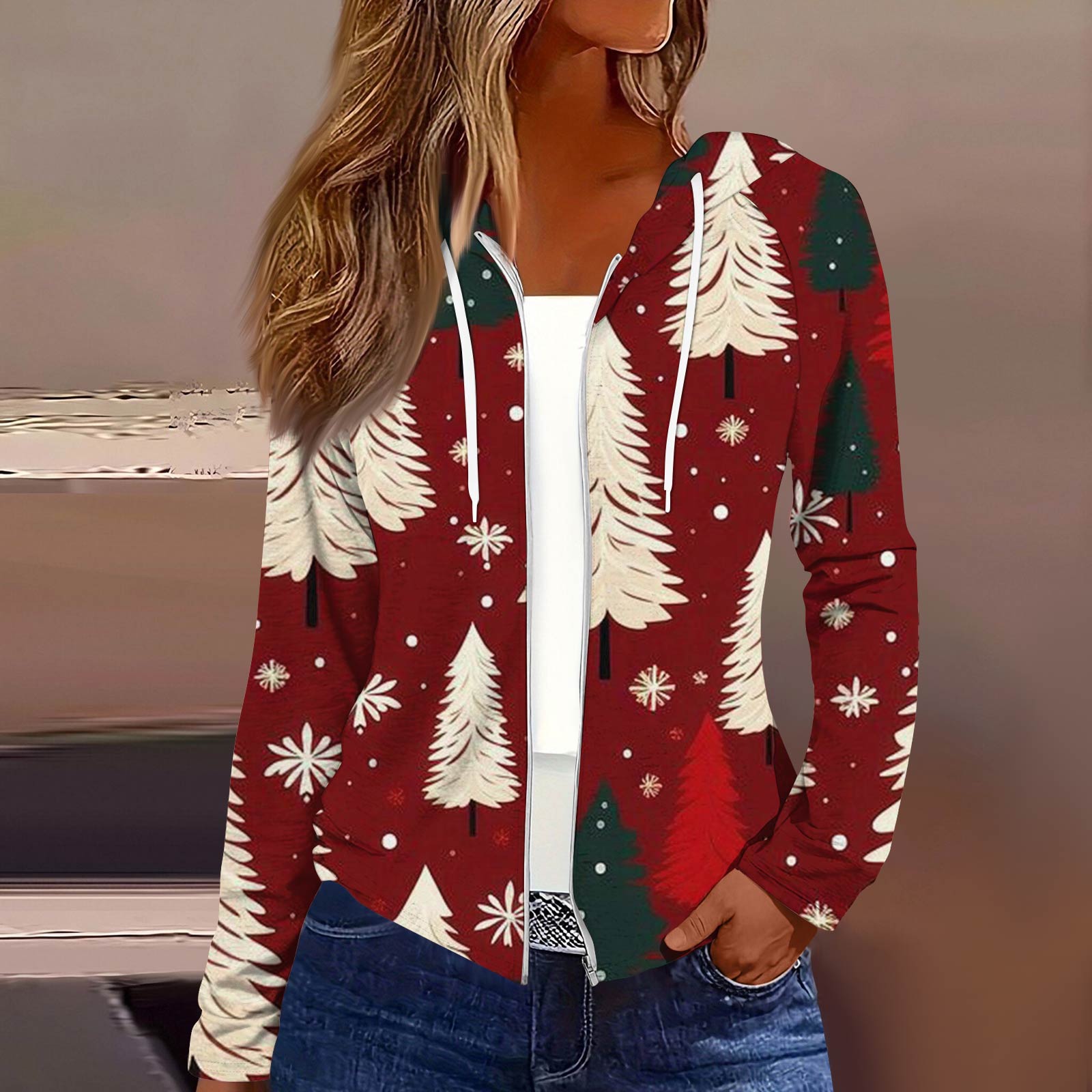 

Женская модная повседневная куртка с капюшоном на молнии с рождественским принтом и длинными рукавами L