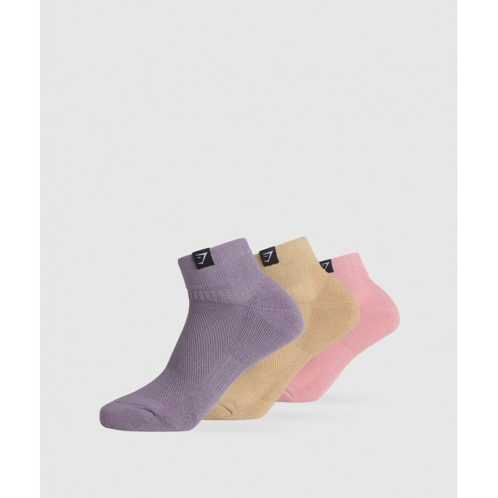 

GYMSHARK Woven Tab Quarter Socks 3pk Light Pink Sand Beige Fog Purple I2A7F KB1H