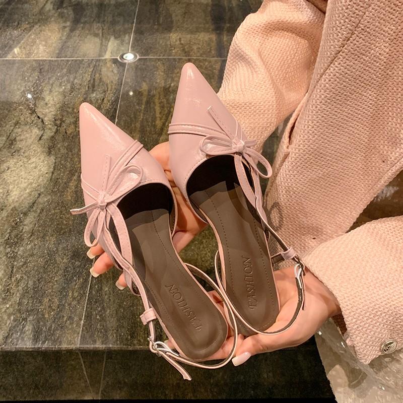Fashion Bow-knot Temperament Style Baotou Sandals Women's Summer Wear J Pointed Toe Shallow Mouth Versatile One-belt High Heels