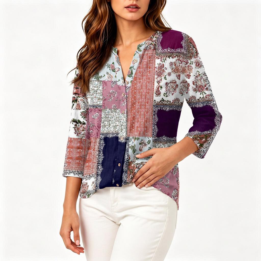 Women Vintage Floral Print Patchwork Henley Button Neck Three Quarter Sleeve Cotton Linen Shirt Casual Loose Fit Blouse