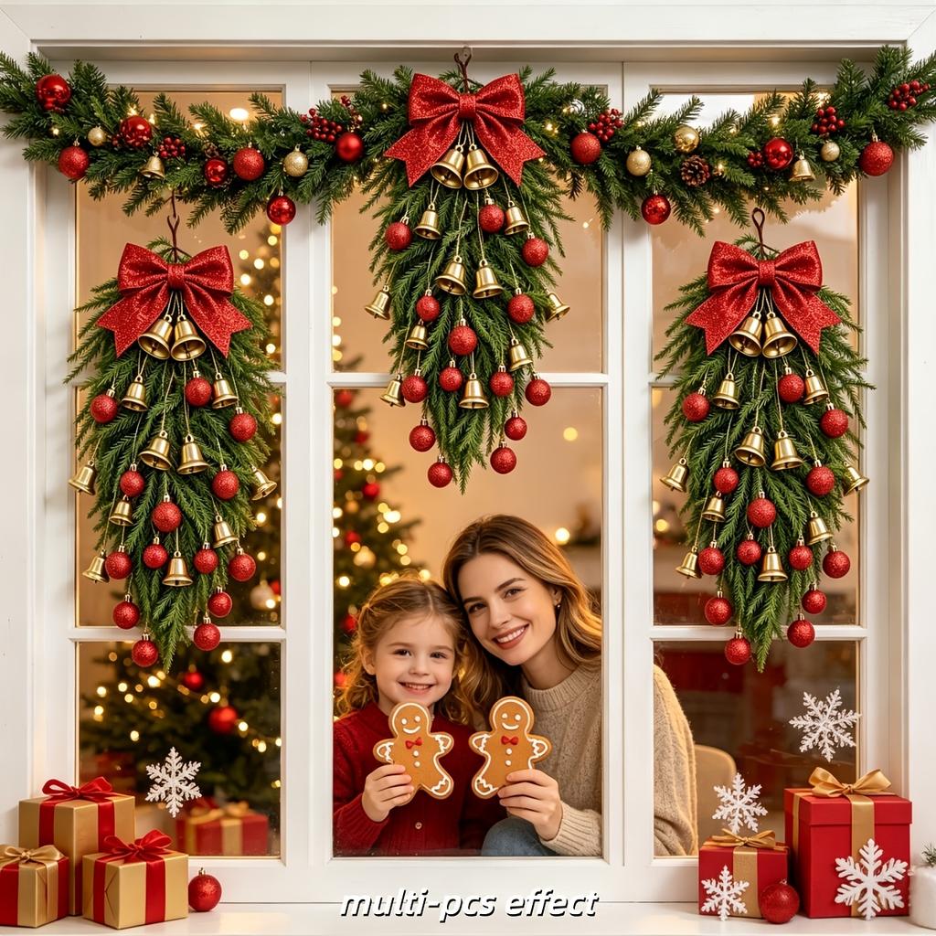 14Pcs Luxury Set - Christmas Artificial Norfolk Pine, Golden Bells, And Shiny Christmas Balls DIY Combination, Classic Red And Gold Color Scheme