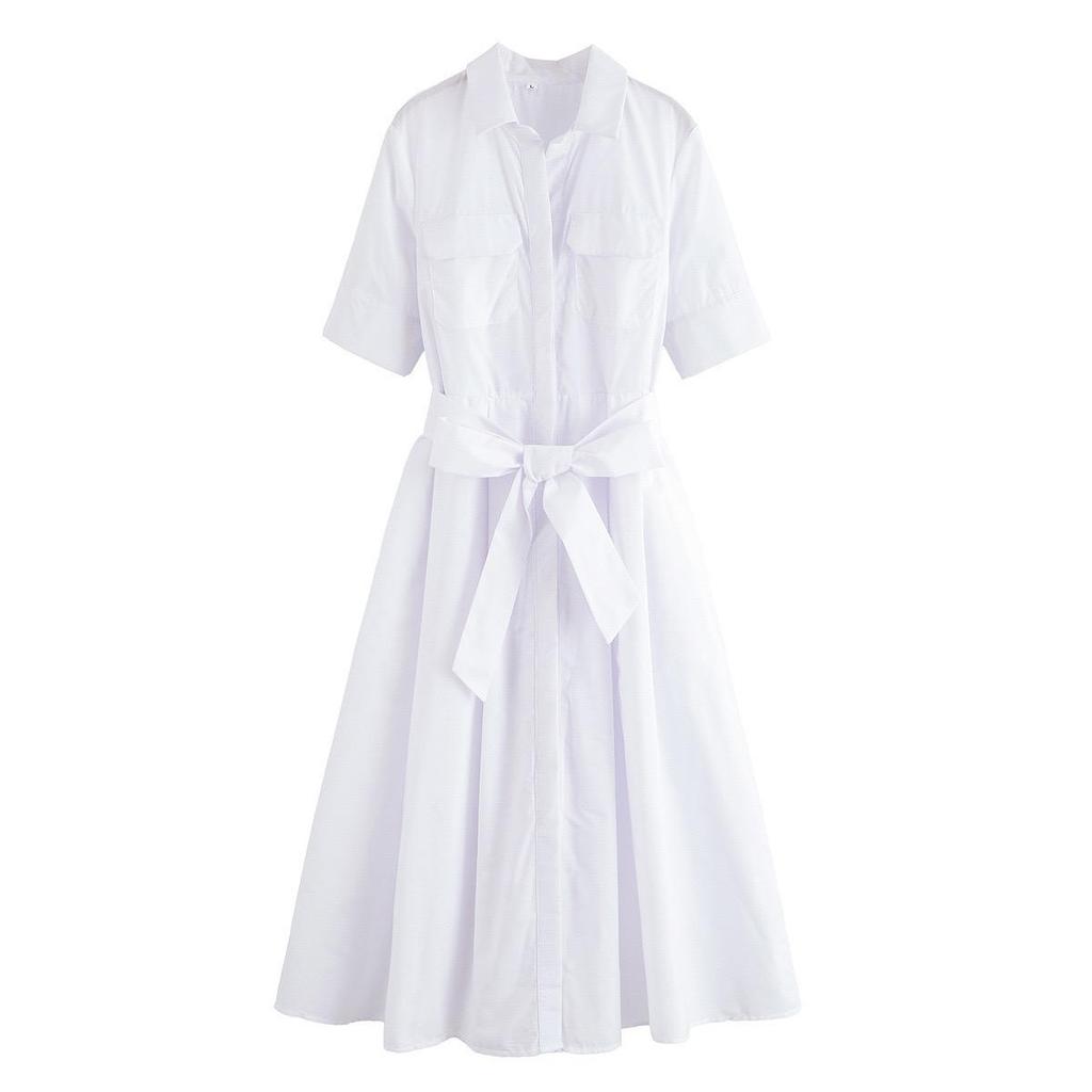LYRIA Casual Striped Women Dress Lapel Single Breasted Short Sleeve Slim Waist Long Dresses New Lady Fashion Vacation Robe