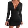 Women's V Neck Long Sleeve High Waist Bodycon Mini Dress Solid Color Elegant Dresses