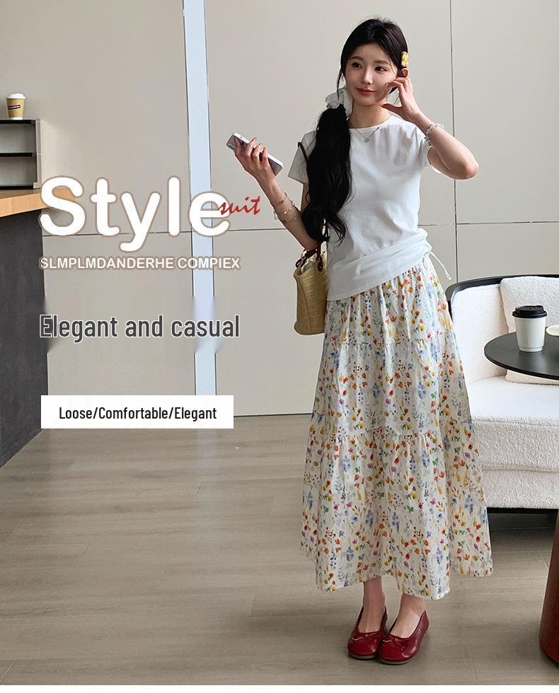 2026 Summer Maternity Fresh Two-Piece: Short-Sleeve T-Shirt + Floral Adjustable Skirt