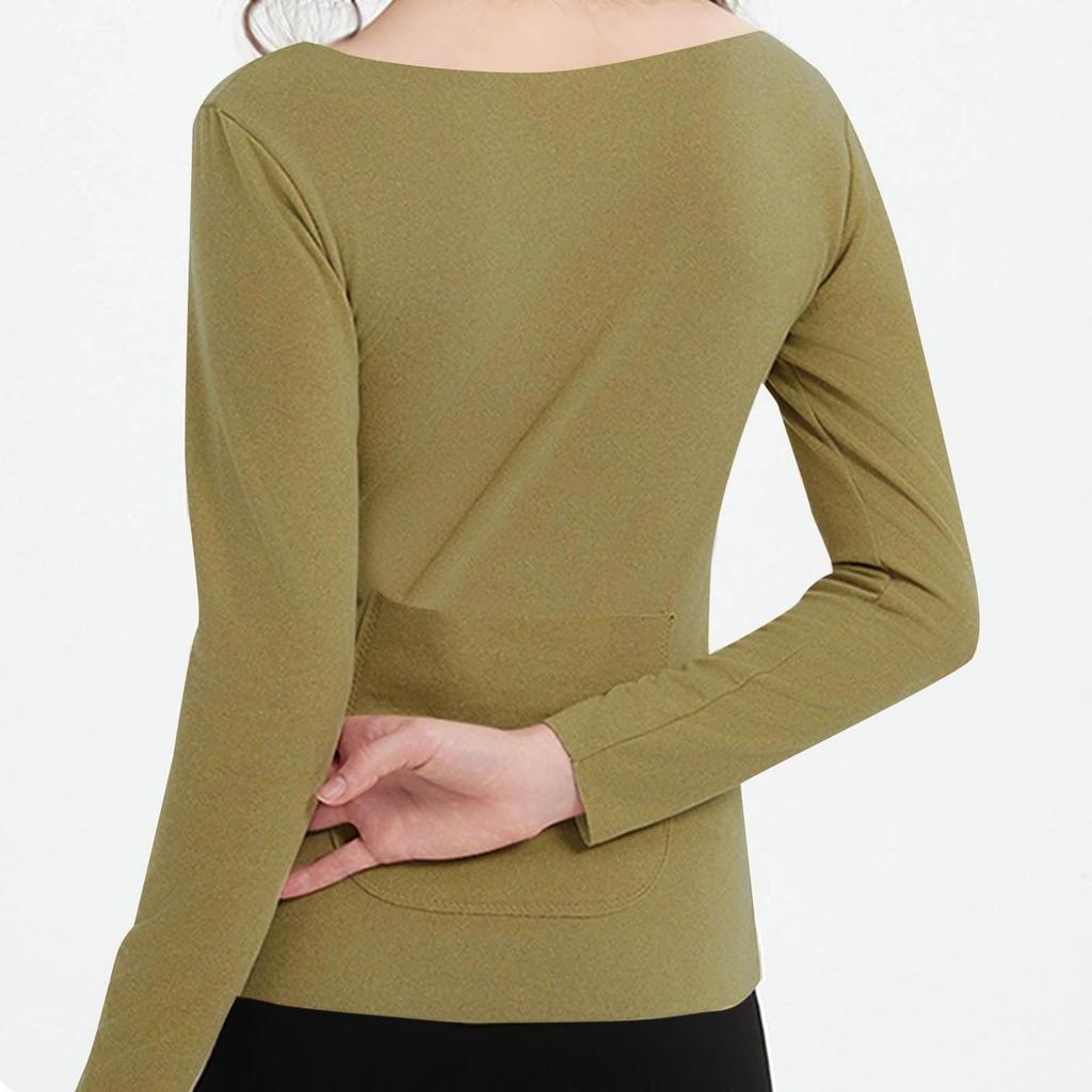 Women's Solid Color Front And Back Pockets Long Sleeved Seamless Waist Warm Top