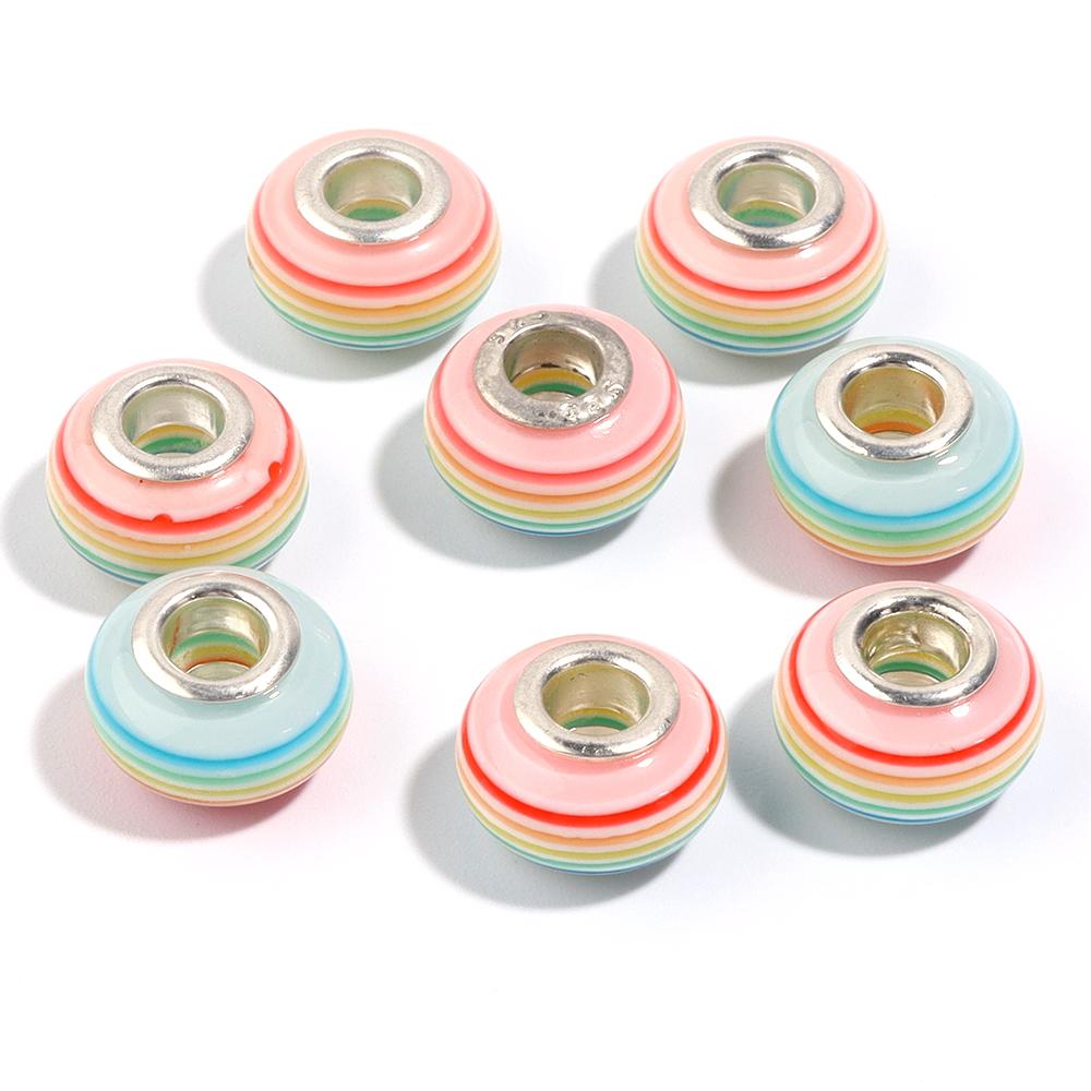 20pcs 14x8.5mm Resin Beads Rainbow Stripe Flat Round Big Hole Loose Beads For Jewelry Making DIY Bracelets Necklace Accessories