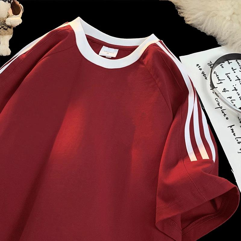 Men Summer Casual Loose Oversize Short Sleeve Round Collar Handsome Teenager Striped Pullover Cotton T Shirt Top