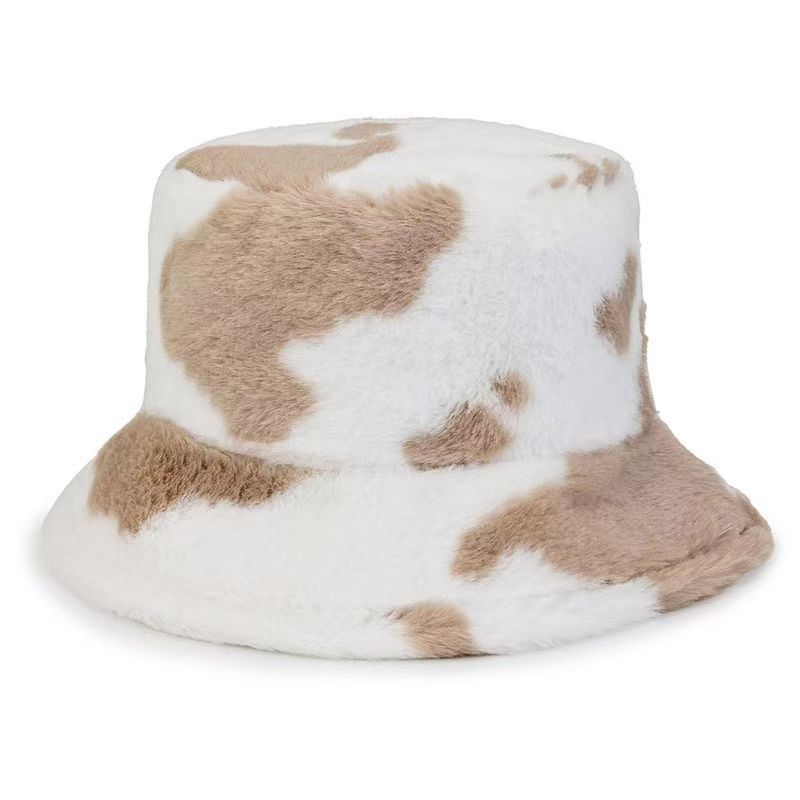 Black and white cow pattern bucket hat autumn and winter plush warm shopping versatile basin hat