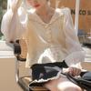 Early Autumn New Sweet and Cute Wind Doll Collar Knitted Cardigan Women's Bubble Sleeves Age-reducing Solid Color Sweater Jacket