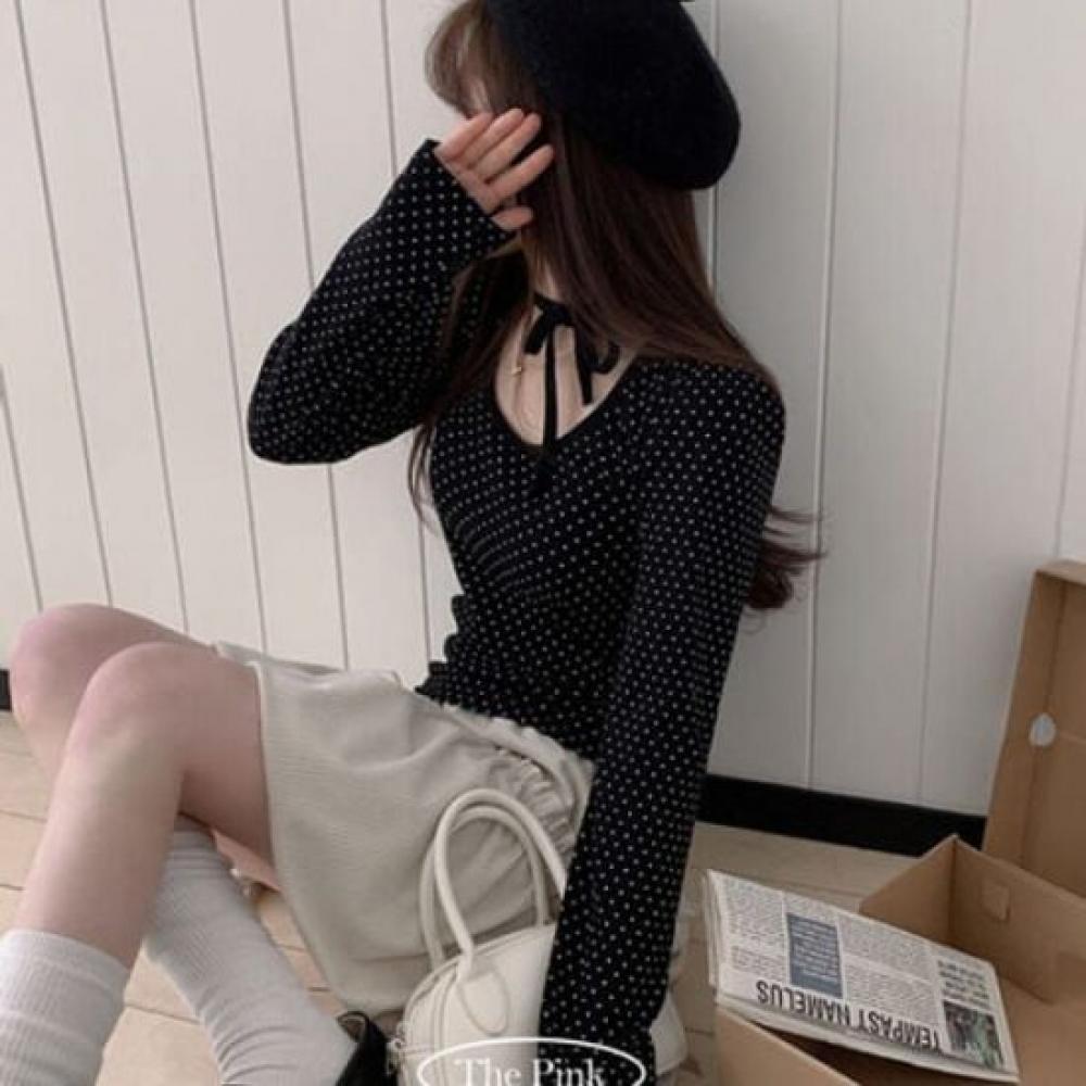 The Pink Women Slim Fit U Neck Ribbon Tie Dot Long Sleeve Tee