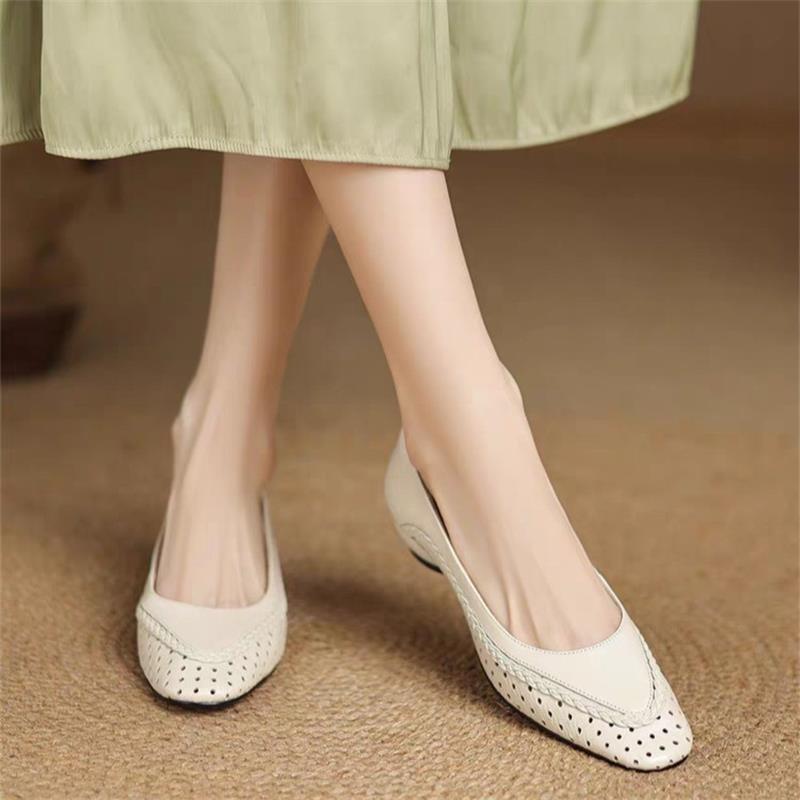 Fashion New Style Women's French Style Elegant Casual Single Shoe Hollow Breathable Coarse Heeled Comfortable Pointed Pumps