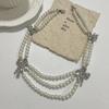 Elegant Pearl Necklace And Earring Set With Butterfly Knot Retro French Style Multi-Layer Chain Collarbone Necklace