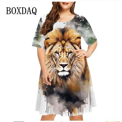 Animal Series Women's Short Sleeve Loose Dress Lion Tie Dye 3D Print Oversized Casual Street Style Ladies Summer Dress