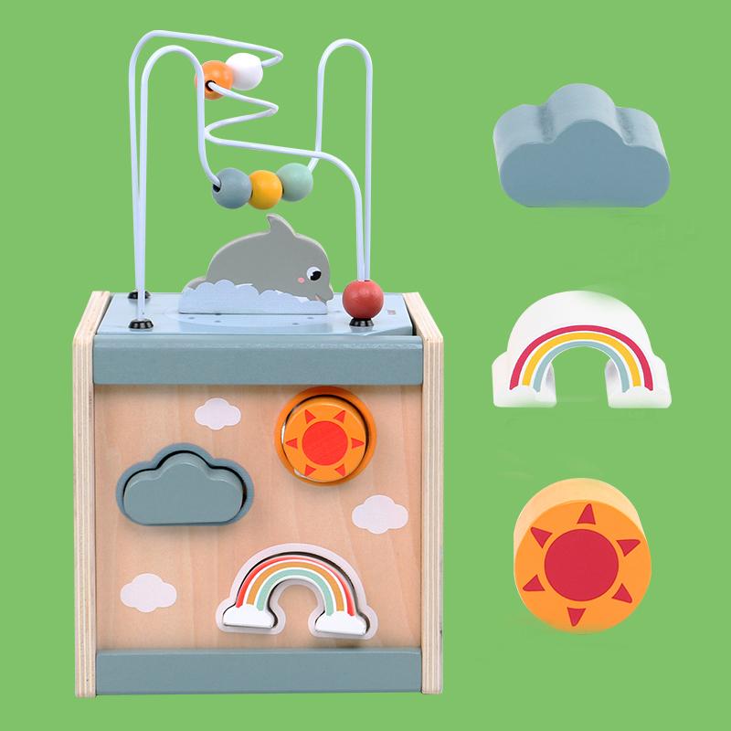 Wooden Activity Cube For Toddlers 5In1 Animal Shape Sorter Bead Maze Montessori Educational Toys Baby 6-12 Months Learning Toys