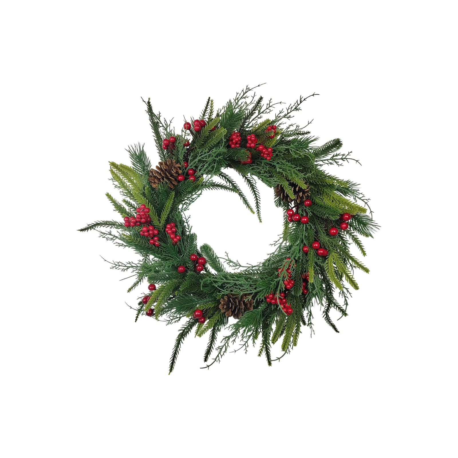 

Pre-Lit Artificial Christmas Wreath, Artificial Christmas Garland For Front Door With Red Bow, Cones, Red Berries, One Size