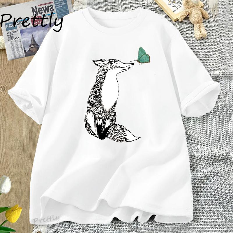 Fox and Butterfly T Shirt Cotton Graphic Tee Soft Fitted T Shirts for Women Printed Cotton Short Sleeve Harajuku Tees Clothing