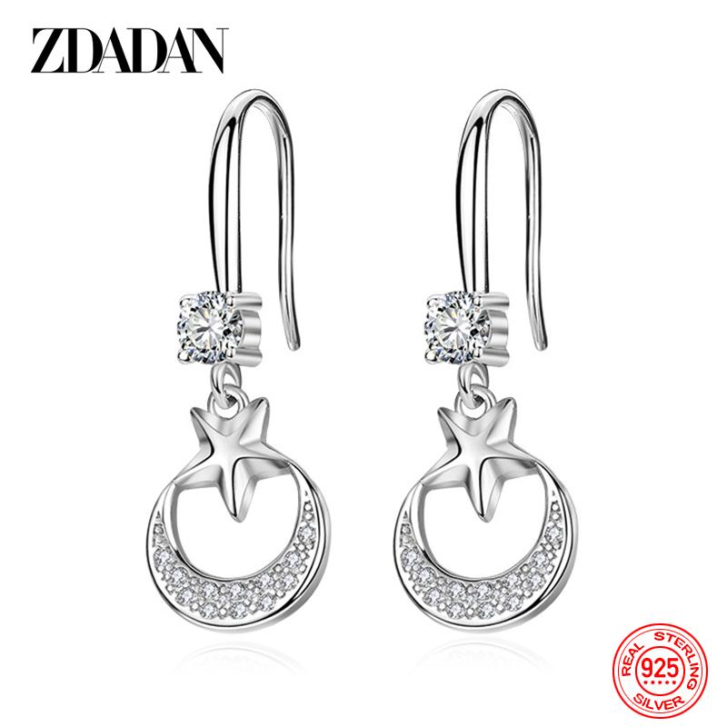 925 Sterling Silber Stern Mond Zirkonia Hängeohrringe für Damen Modeschmuck