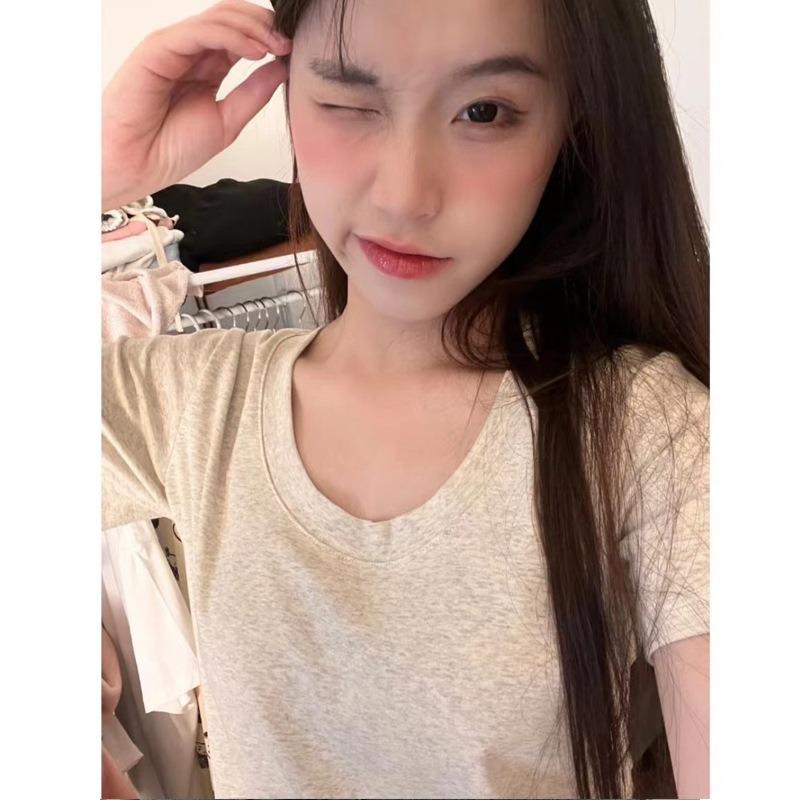 American Slim-fit Short-sleeved Inner with New Round Neck Front Shoulder Hong Kong Flavor Top Design Sense-shirt Women