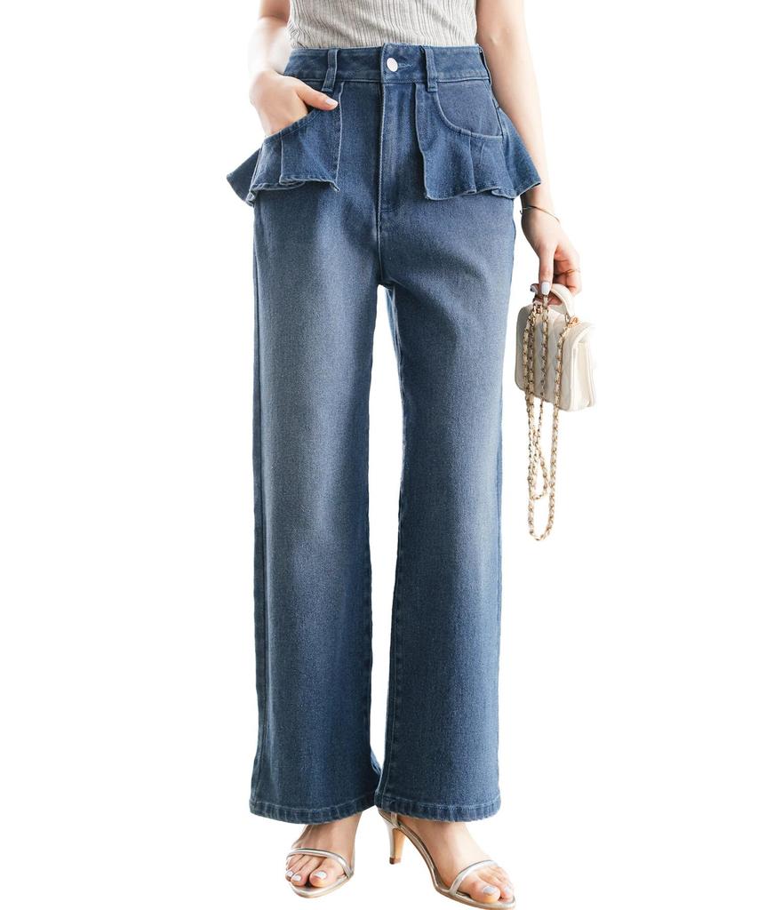 Petit Denim Pants Hip Frill Jeans Long Spring Summer Autumn Winter Petite Small Size Bottoms Pants Casual Jeans Wide Straight L Petit Blue [Kobe
