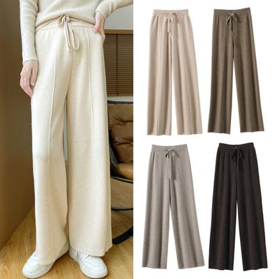 Women Long Pants Elastic High Waist Wide-Leg Knitted Pants with Pockets Solid Color Autumn Winter Warm Trousers